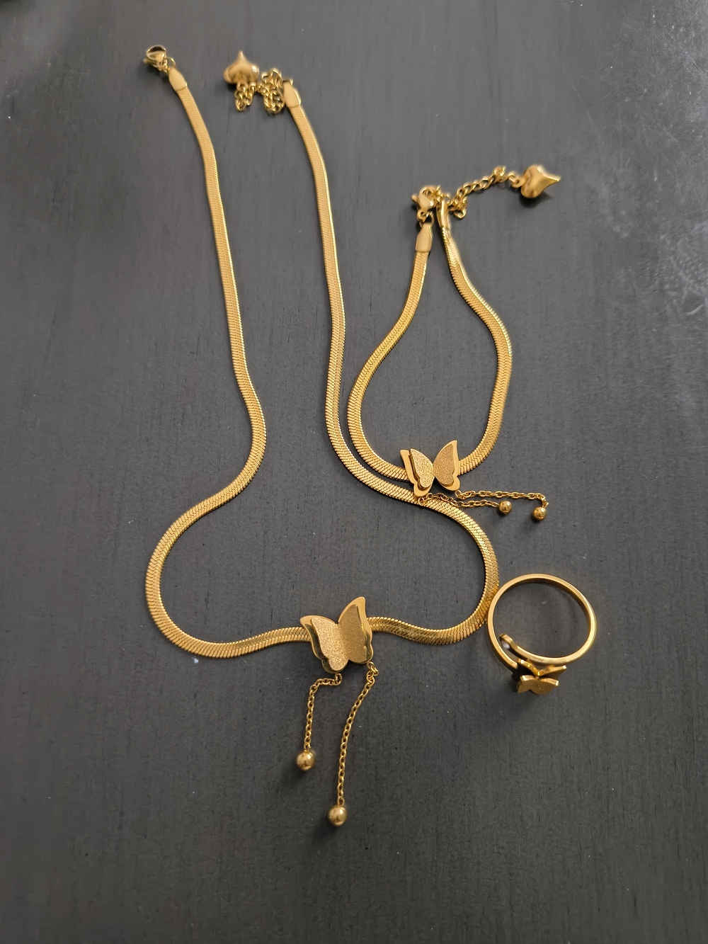 Gold Butterfly Jewelry Set - Necklace, Bracelet & Ring